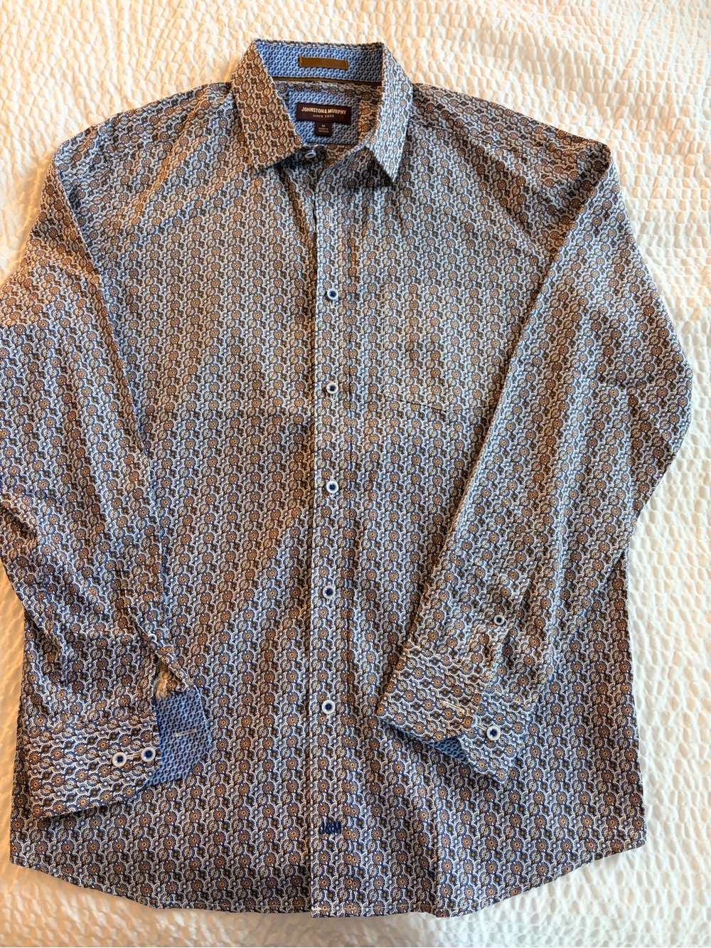 Johnston & Murphy Men's Blue and Brown Geometric Dress Shirt Sz M